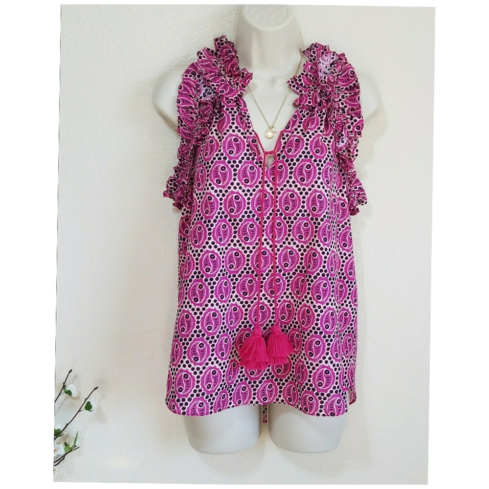 FIGUE Fabiana Ruffled Metallic Cotton Top Pink Tassel